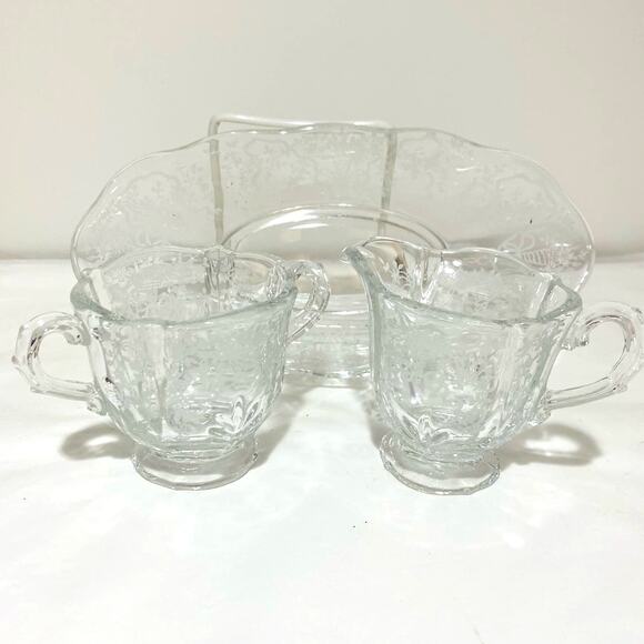 Fostoria Corsage Pattern Clear Etched Crystal Creamer Sugar Bowl & Relish Dish - Picture 6 of 13